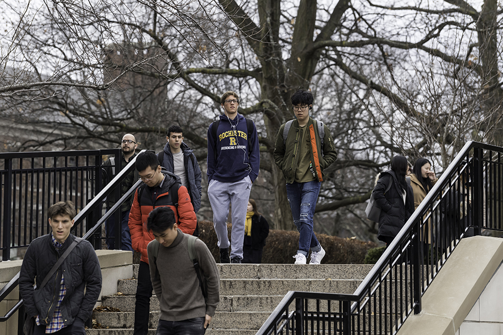 Students on campus on a cold day.